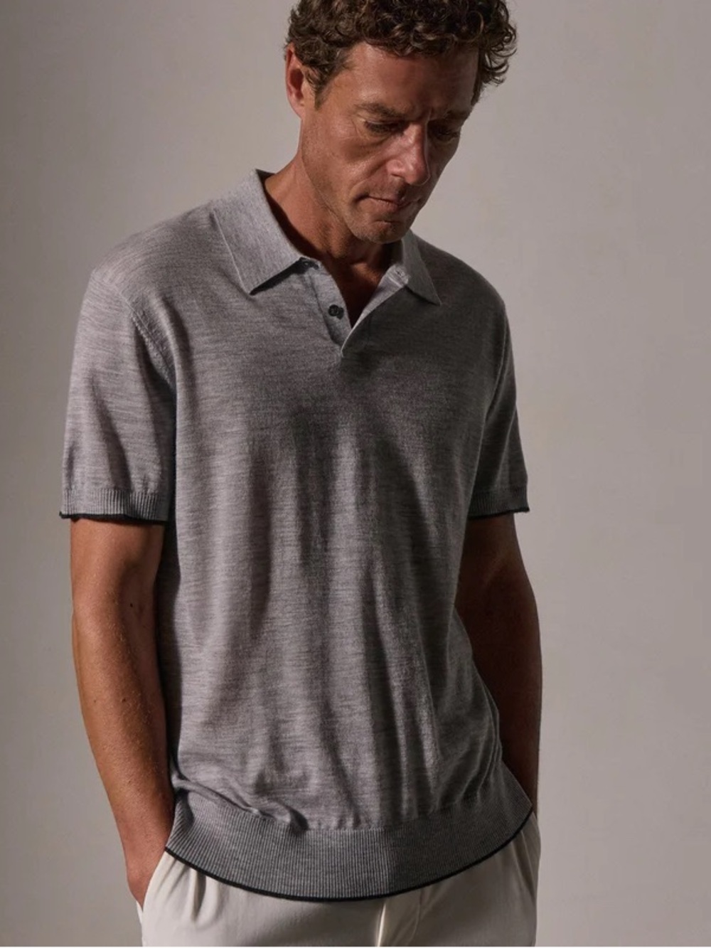 James Perse Cashmere Grey Short Sleeve Polo Knit Quiet Luxury Preppy Office